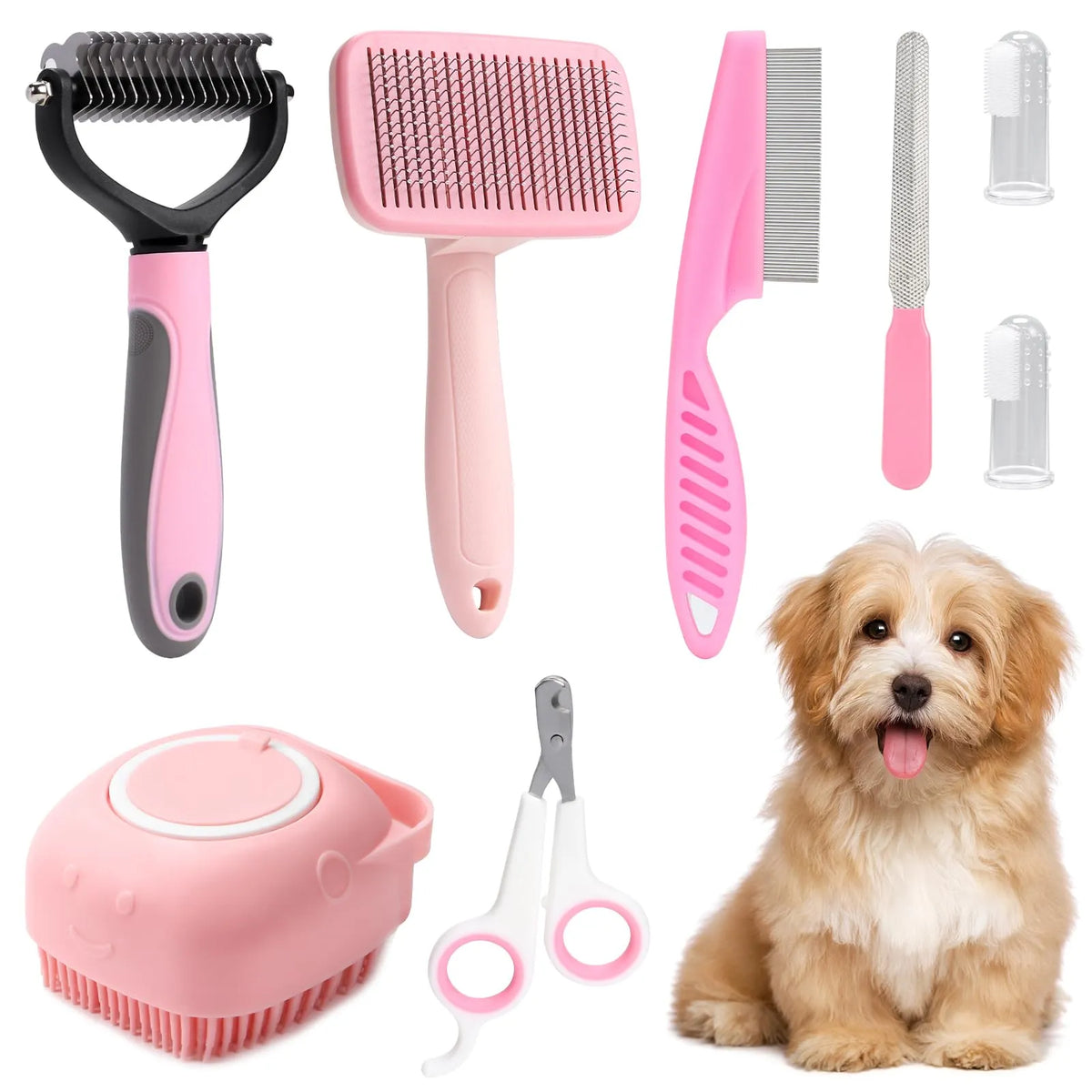 8-Piece Dog Grooming Set: Self-Cleaning Brush, Nail Clippers, Flea Comb, Shampoo Bath Brush, Pet Care Essentials