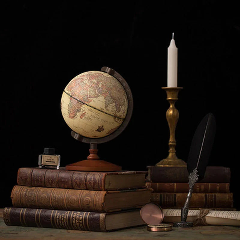 New World Globe – Retro Earth Map with Wooden Base, English Geography Education Desk Decoration