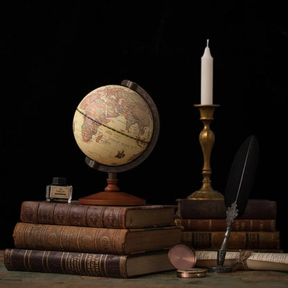 New World Globe – Retro Earth Map with Wooden Base, English Geography Education Desk Decoration