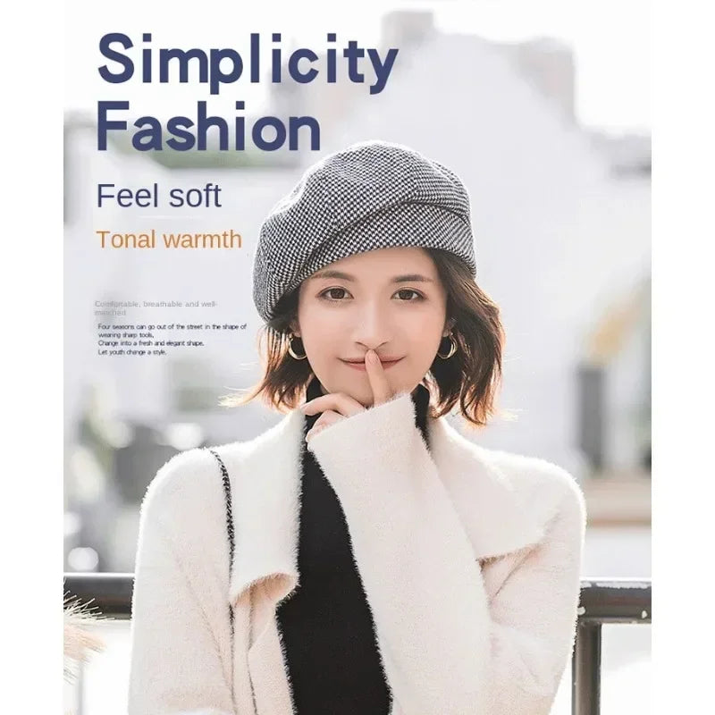 2024 Women's Wool Beret - Elegant Plaid Vintage Octagonal Cap, Casual Cotton Hat for Autumn and Winter