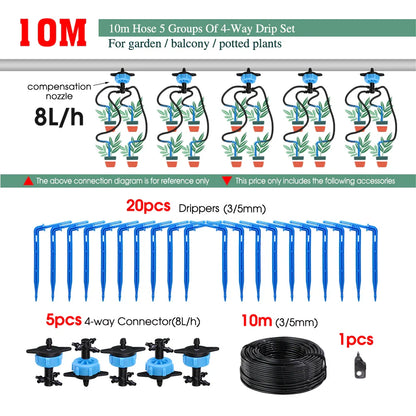 MUCIAKIE 4/2-Way Drip Irrigation System Kit – 100–10M 8L Watering Dripper Sprinkler for Potted Plants & Garden Use