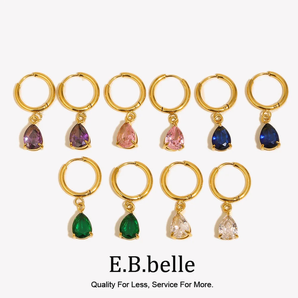 E.B.belle 3A Zircon Waterdrop Small Hoop Earrings for Women – Luxury Colorful Crystal Huggie Charm Jewelry Gift