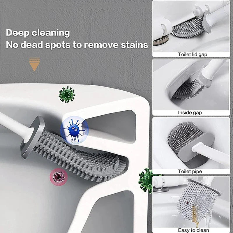 Flexible Hanging Silicone Toilet Brush Cleaner with Quick-Drying Holder - Bathroom Cleaning Accessory