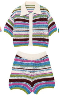 Women Y2K Patchwork Striped Crochet Knit Crop Sweater & Shorts Set – Hollow Out Short Sleeve Polo Collar Outfit
