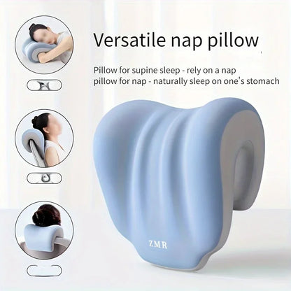 Ergonomic Office Nap Pillow – Portable Light Blue Neck Support Cushion with Adjustable Strap for Supine & Natural Sleep