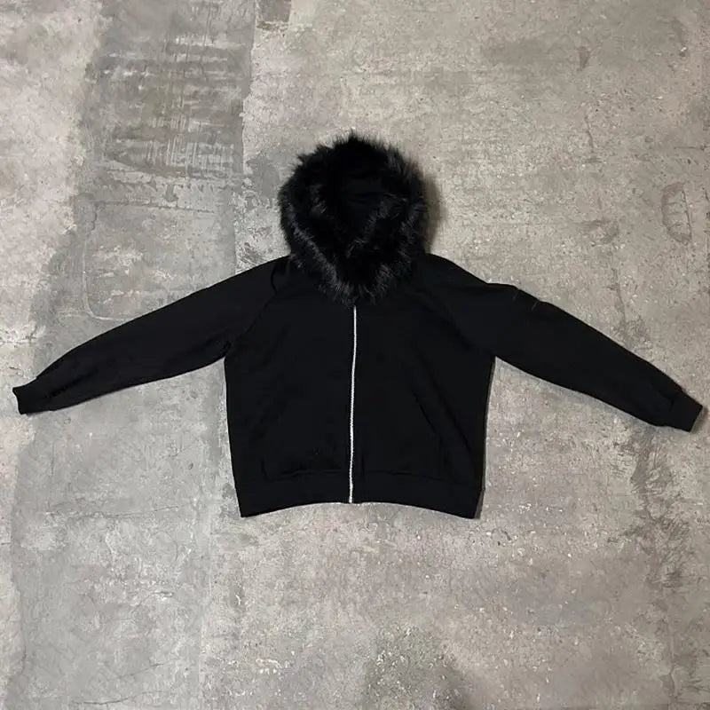 Y2K Zip-Up Hoodie with Faux Fur Collar – Harajuku Rock Goth Retro Punk Loose Jacket for Hip Hop Streetwear
