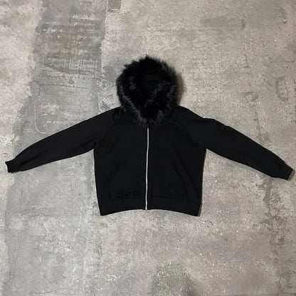 Y2K Zip-Up Hoodie with Faux Fur Collar – Harajuku Rock Goth Retro Punk Loose Jacket for Hip Hop Streetwear