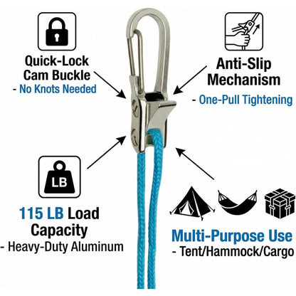 Rope Tying & Tensioning Tool - Heavy-Duty Retractable Buckle with Roller Tensioner for Camping & Outdoor Use