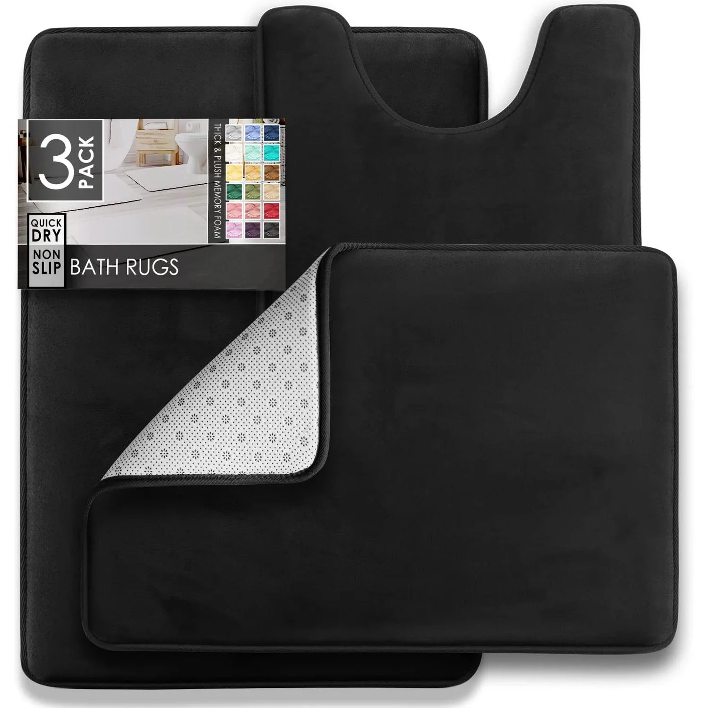3PC Velvet Memory Foam Bathroom Rug Set - Ultra Soft, Non-Slip, Quick-Dry Machine Washable Bath Mats