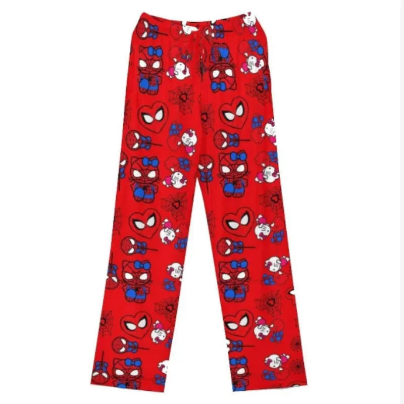 Hello Kitty Spider-Man Cotton Pajama Pants | Loose Cartoon Sleep Bottoms for Women and Men | Comfortable Lounge Wear for Girls