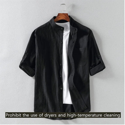 Men’s Stand Collar Short Sleeve Shirt - Spring Summer Casual Mid-Sleeve Plus Size Fashion Top