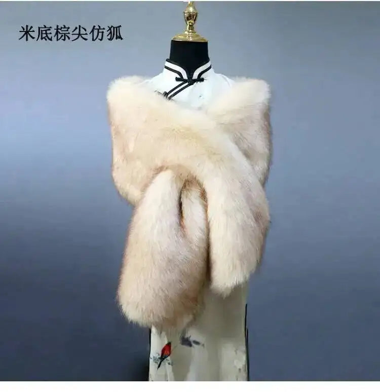 32-Color Luxury Faux Fox Fur Shawl – Women’s Plush Winter Scarf, Wrap & Cape for Wedding & Coat