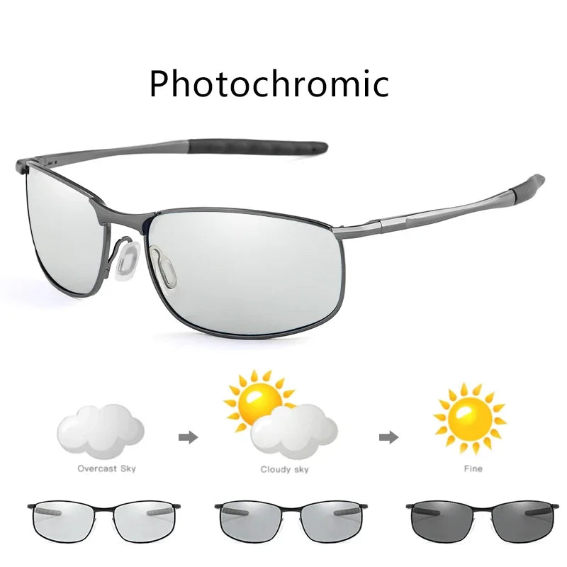 Photochromic Men’s Polarized Sunglasses – Metal Square Frame, UV400 Protection for Driving, Sports & Cycling