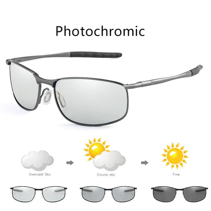 Photochromic Men’s Polarized Sunglasses – Metal Square Frame, UV400 Protection for Driving, Sports & Cycling