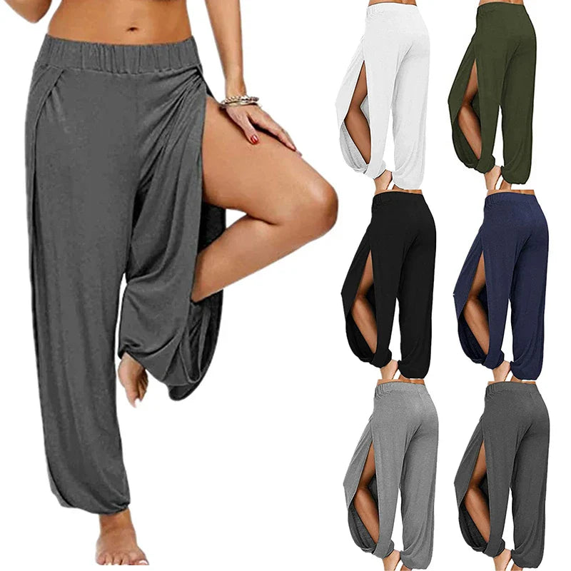 Women's Fashion Yoga Pants: High-Waisted Slit Wide Leg Harem Pants - Gym Leggings for Casual Solid Hollow Workout