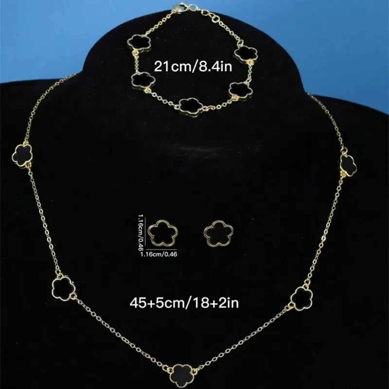 Lucky Five-Petal Flower & Clover Bracelet, Earrings, Necklace Set – Stylish Women's Party Jewelry Accessories