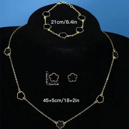 Lucky Five-Petal Flower & Clover Bracelet, Earrings, Necklace Set – Stylish Women's Party Jewelry Accessories