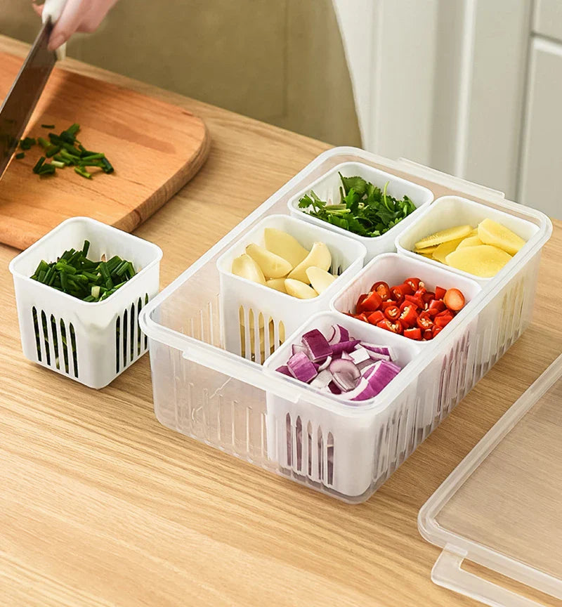 Refrigerator Storage Box – 4/6 Grid Clear Crisper for Fruits, Vegetables & Meat