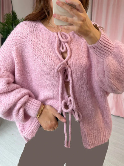 Fashion Knitted Bow Lace-Up Cardigan for Women – Y2K Open Front Sweater, Sweet Lantern Sleeve Oversized Knit Cardigan