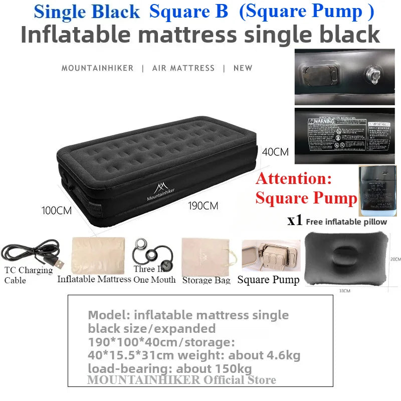 MOUNTAINHIKER 2025 Inflatable Air Mattress – PVC Glamping Sleeping Mat with Built-in Pump for 1-3 Persons