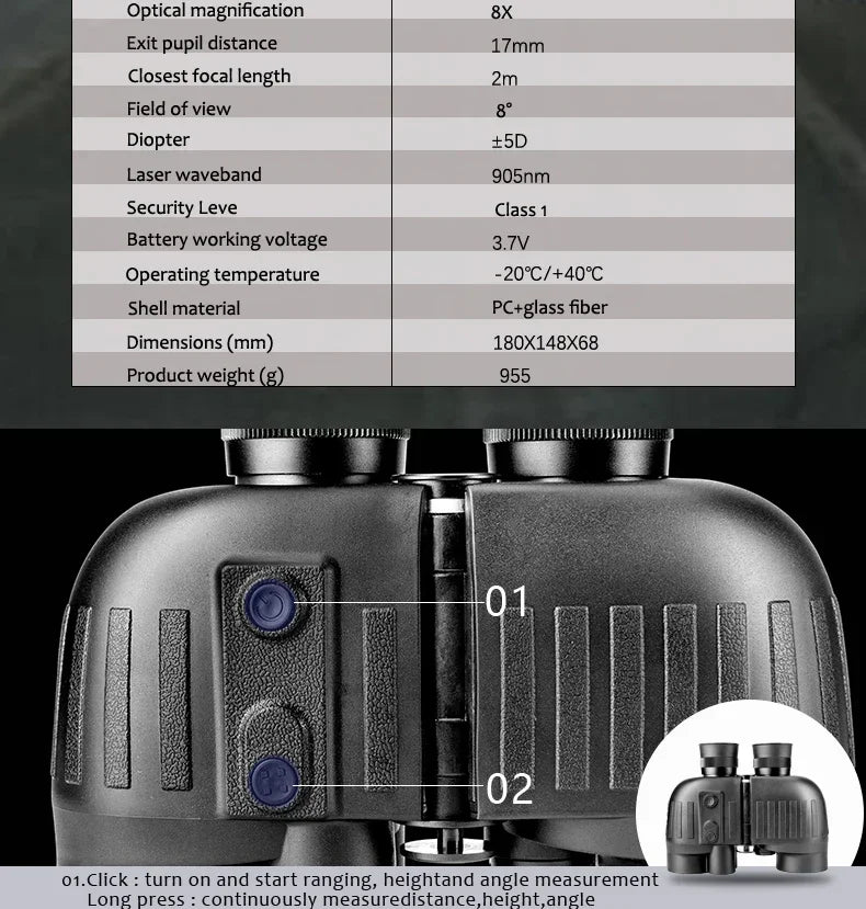 1500m Marine Binoculars for Adults – 8x40 with Rangefinder, Compass, IP65 Waterproof, UHD Field of View 8°