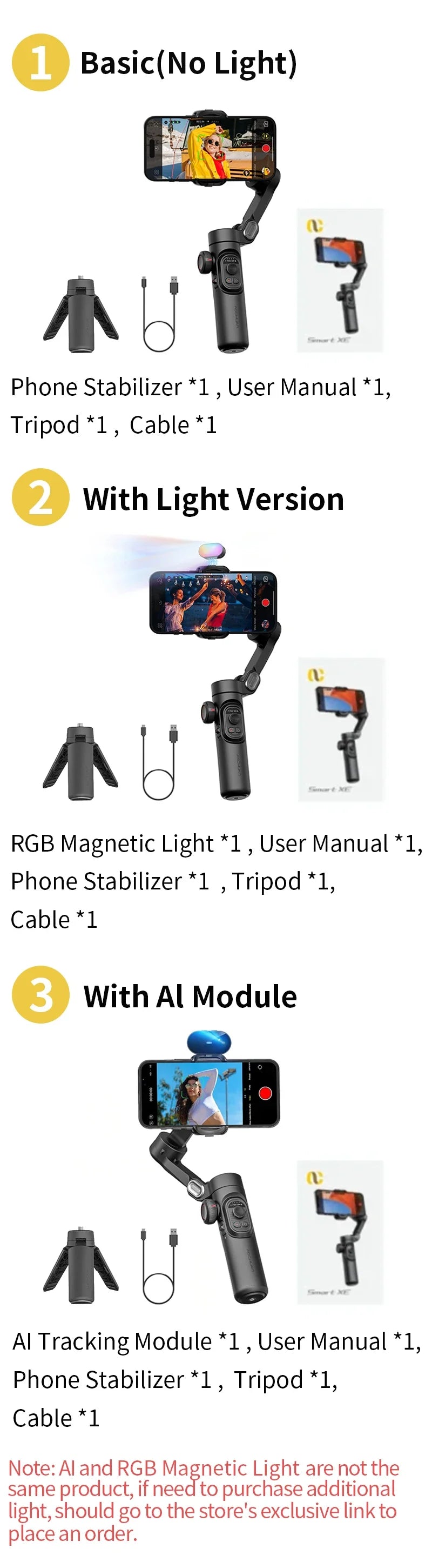 AOCHUAN 3-Axis Handheld Gimbal — Smartphone Stabilizer with Fill Light for iPhone & Android