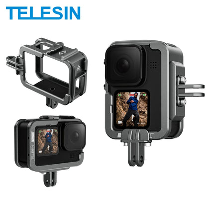 TELESIN Aluminum Alloy Cage for GoPro Hero 12/11/10/9 – Vlog Frame Case with Cold Shoe Mount & Protective Housing
