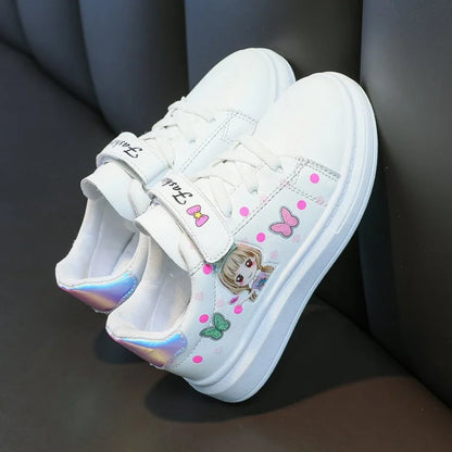 Kids White Leather Sneakers - Casual Spring Shoes for Girls, Soft Board-Style Footwear