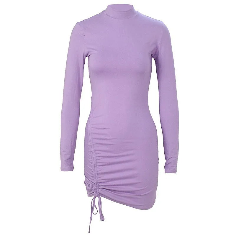 Chic & Elegant: Lace Up Pleated Bodycon Mini Dress - Solid Slim Fit for Party, Available in Purple and Black, Vestidos