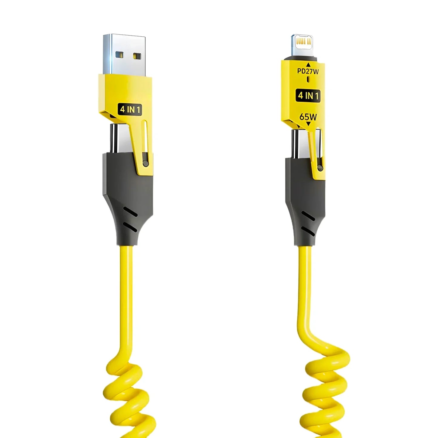 4-in-1 65W Spring Data Cable - 6A USB Type C Telescopic Quick Charger Wire for iPhone 15/14/13/12