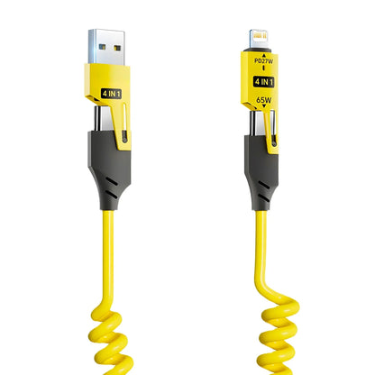 4-in-1 65W Spring Data Cable - 6A USB Type C Telescopic Quick Charger Wire for iPhone 15/14/13/12