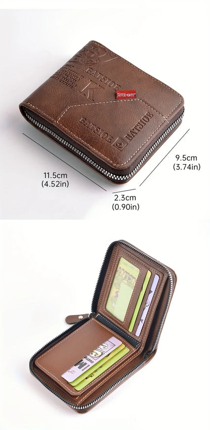 Men’s PU Leather Wallet – Wax Oil Skin Short Purse with Zipper, Coin Pocket & Card Holder
