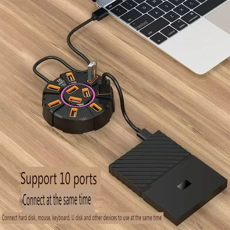 10-Port USB 2.0 Hub Adapter - High-Speed Multi USB Splitter & 7-Port Expander for PC and Laptop