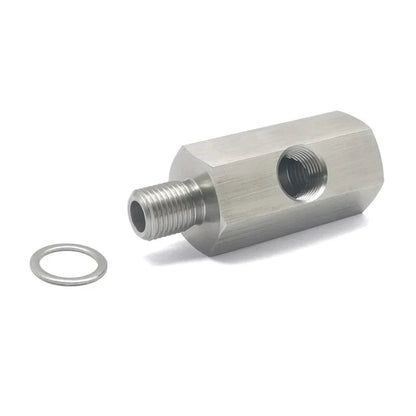Oil Pressure Sensor Tee Adapter — M10x1.0 to M10x1.0 with 1/8NPT Female Side Holes for Turbo Supply Feed Line Gauge