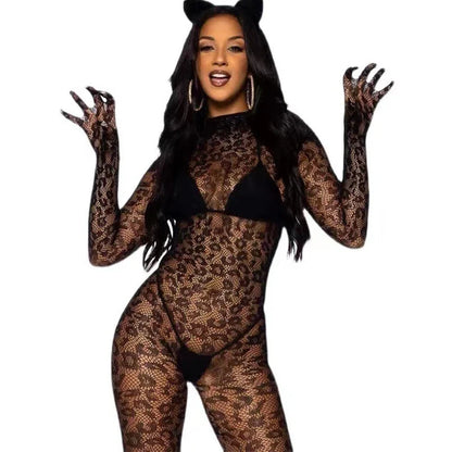 Sexy Crotchless Lingerie Set - Leopard Print Mesh Bodystocking with Backless Cutout Bra Design