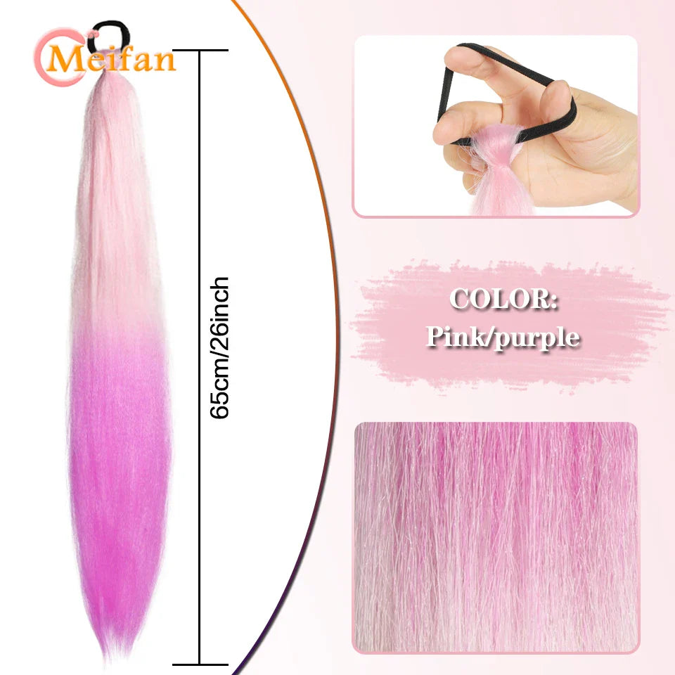 MEIFAN Synthetic Color Braid Ponytail Extension – Red, Green, Blue, Pink, Straight Hair Wrap Around with Elastic Tie