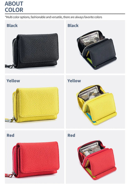 Genuine Leather Women’s Wallet — Small Zipper Coin Purse, Short Cowhide RFID Card & Money Holder, Perfect Gift for Women