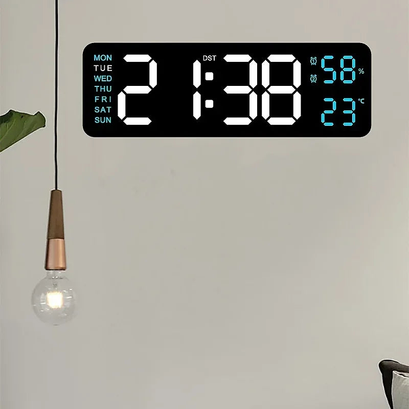 9-Inch Digital Wall Clock — USB Powered LED Table Clock with Temperature, Humidity, Week Display, Auto Dimmer, DST, 12/24H & Alarm