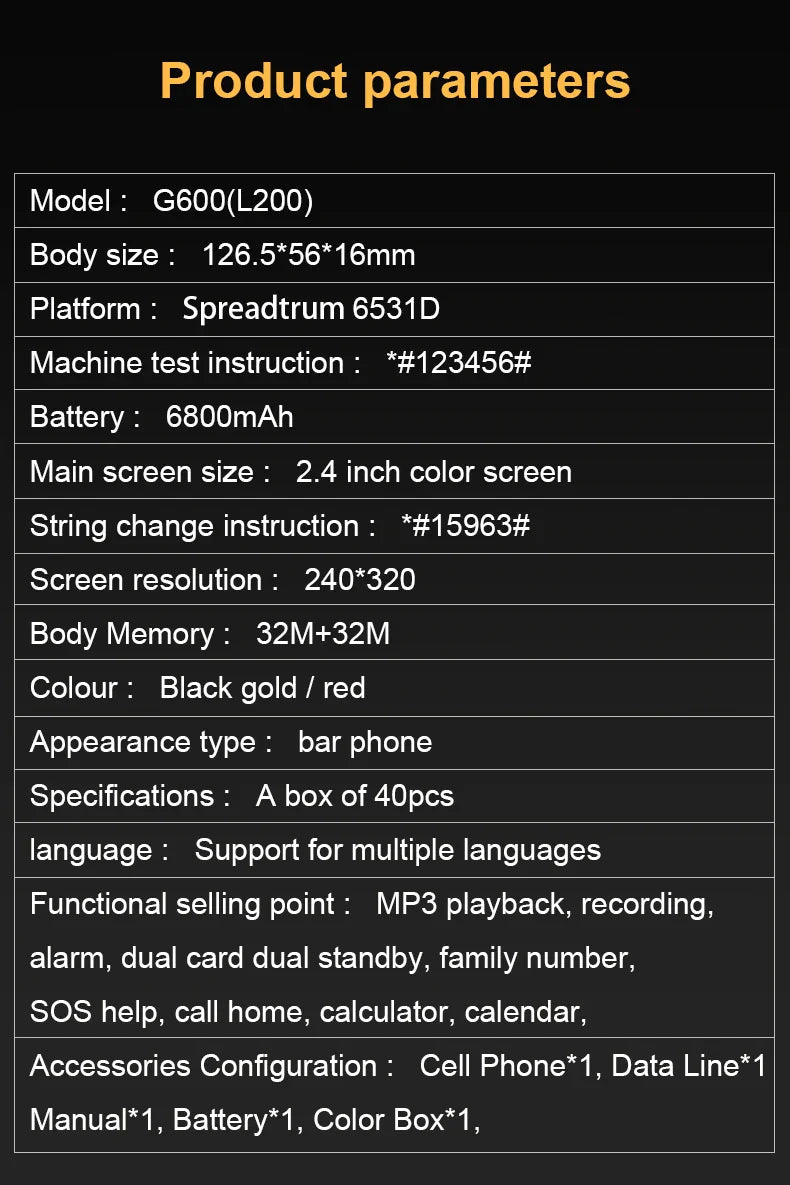 GSM 2G G600 BAR Phone – Dual SIM, 6800mAh Battery, SOS Button, 2.4" Screen, MP3 Recorder Mobile Cellphone for Seniors