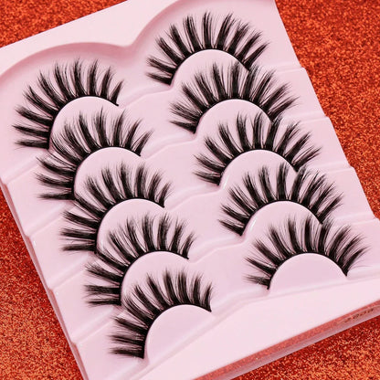 5 Pairs Cat Eye Faux Mink Eyelashes – Winged Long Natural Manga Style False Lashes Makeup Set
