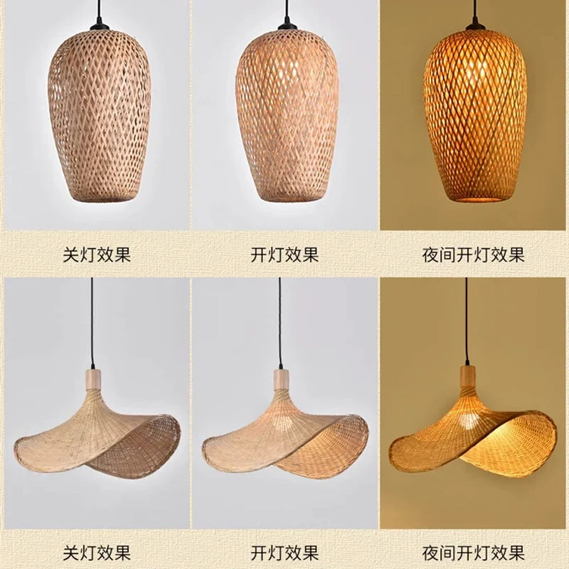 Bamboo Pendant Lamp Ceiling Light - Handwoven Rattan Wicker Hanging Fixture for Dining Room, Bedroom & Indoor Home Decor