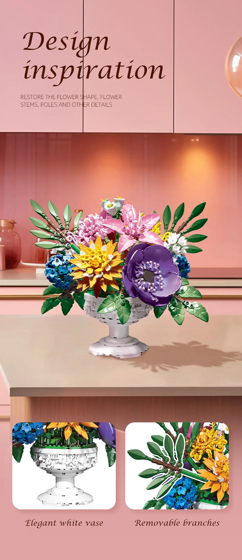 1081PCS Dream Flower Bouquet Building Blocks – Model Room & Garden Ornaments Toy for Kids, Girls, Adults, Christmas Gifts