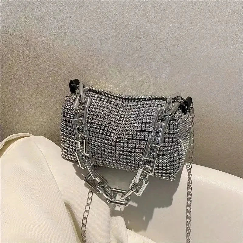 Allover Rhinestone Bucket Bag – Glitter Chain Prom Purse, Women's Mini Crossbody Bag (6.3 x 3.54 Inches)