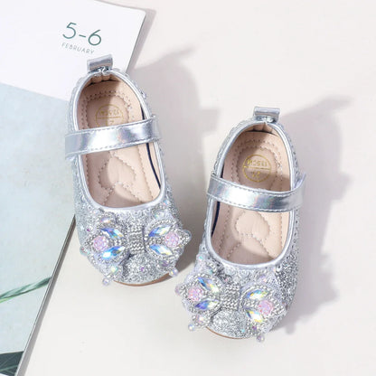 Baby Girls Crystal Princess Shoes - Soft TPR Sole Leather Flats for 0-3Y