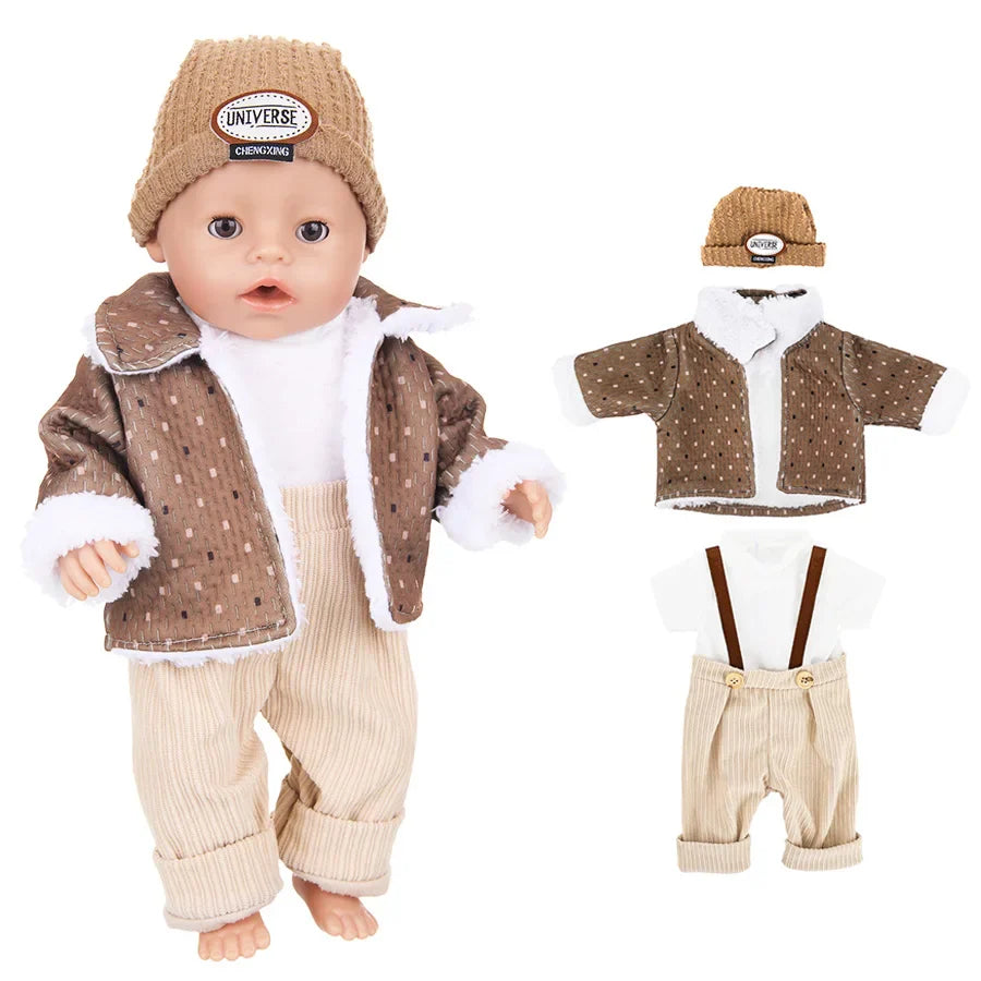43cm Baby Doll Clothes Set – Leather Jacket, Pants & Rompers for 18-Inch American Dolls, Winter Outfit