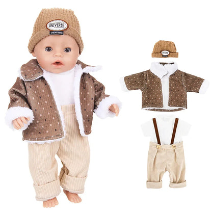 43cm Baby Doll Clothes Set – Leather Jacket, Pants & Rompers for 18-Inch American Dolls, Winter Outfit