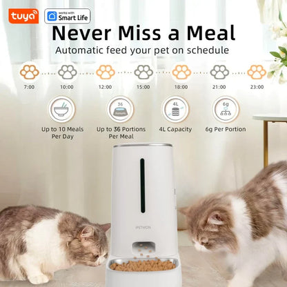 Wi-Fi Enabled 4L Pet Feeder for Cats and Dogs - APP Control, Stainless Steel Bowls, Low Food Alarm - Compatible with IPETMON, Tuya, and Smart Life App