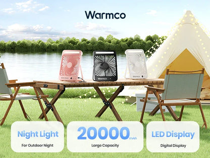 Warmco D4 Portable Desk Fan – 8" Rechargeable Camping Fan with 20000mAh Battery, Light, 48H Runtime, Silent Operation, Digital Display