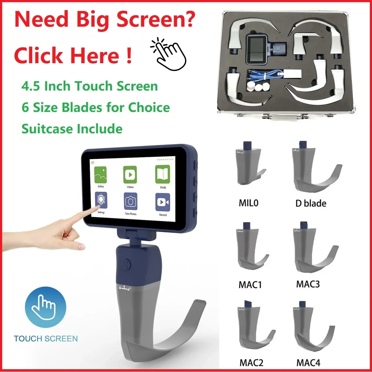 3.5-Inch Touch Screen Video Laryngoscope with Reusable Sterilizable Blades – Digital Laryngoscope, Mexico Warehouse Delivery