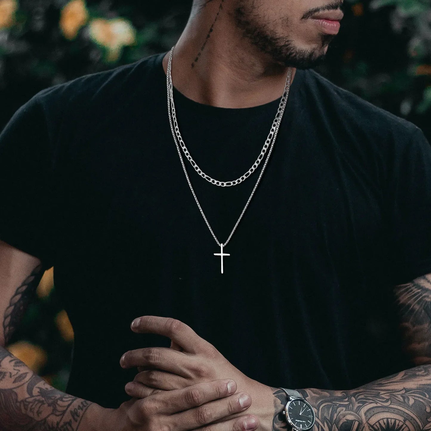 Vnox Men's Cross Necklace - Stainless Steel Layered Plain Cross Pendant with Rope Box Chain, Simple Prayer Jesus Collar